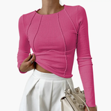 Women's Ribbed Top – Long Sleeve, Figure-Hugging Fit & Elegant Piping