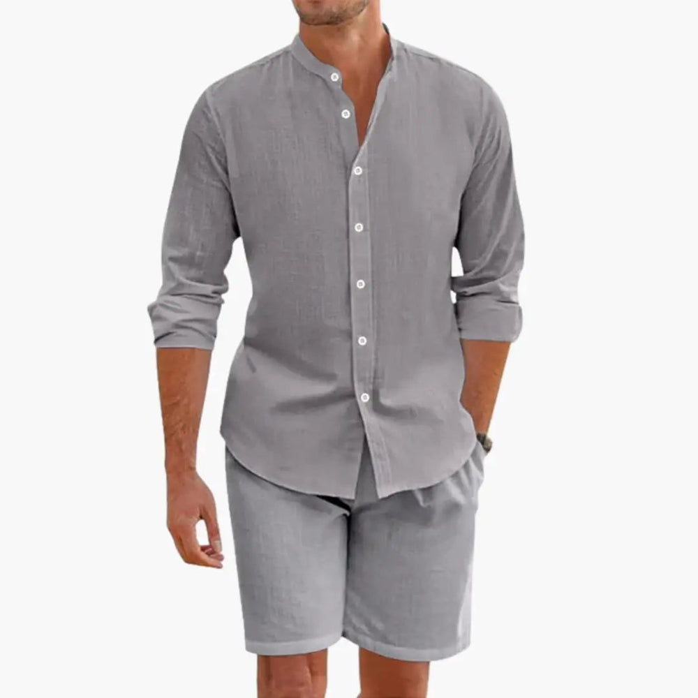 Men's Linen Blend Two-Piece Set – Long Sleeve Shirt & Shorts