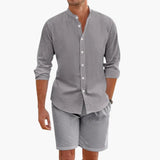 Men's Linen Blend Two-Piece Set – Long Sleeve Shirt & Shorts