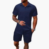 Men's Jacquard Shirt Set – Cotton Blend, Short Sleeve & Matching Shorts