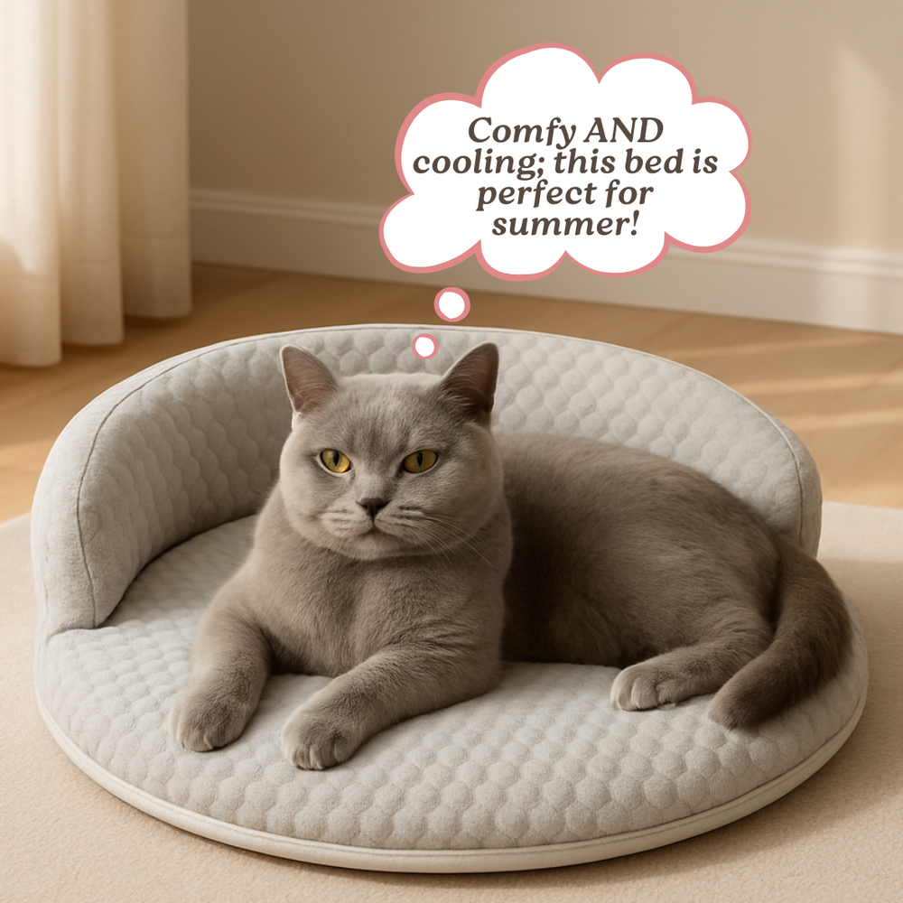 Orthopedic Cooling Cat Bed – Ice-Silk Surface, Foam Base & Raised Rim