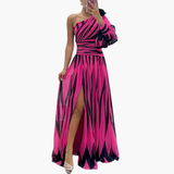 Women's Striped Maxi Dress – One-Shoulder Design, Side Slit & Elegant Fit