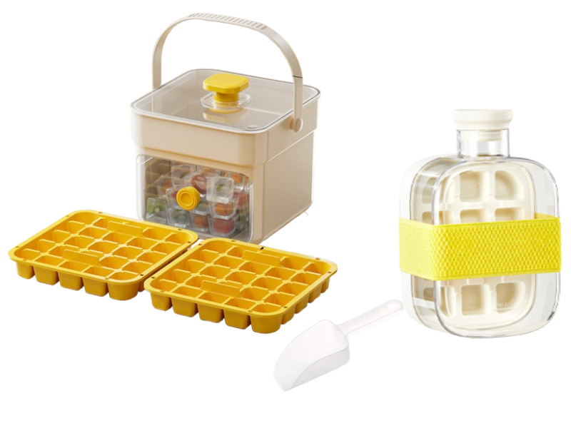 Push-Button Ice Cube Tray – BPA-Free PET/PP, Storage Bin & Ice Scoop