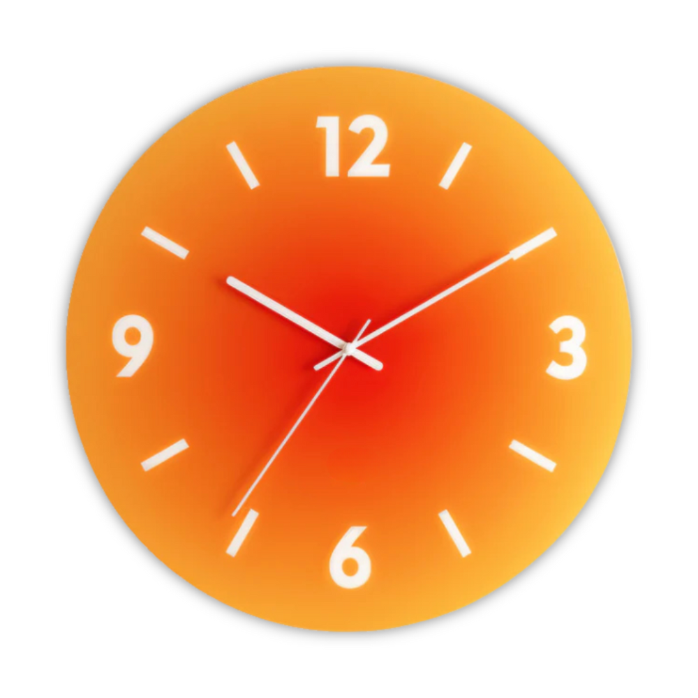Glass Wall Clock – 30cm, Silent Quartz Movement in Orange, Blue or Purple