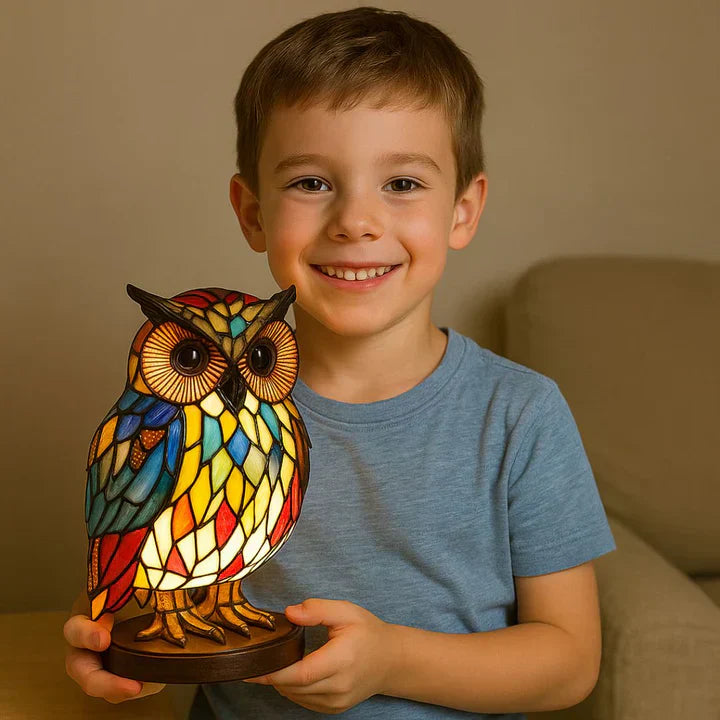 Stained Glass Owl Table Lamp – Handmade, Warm LED & Living Room Decor