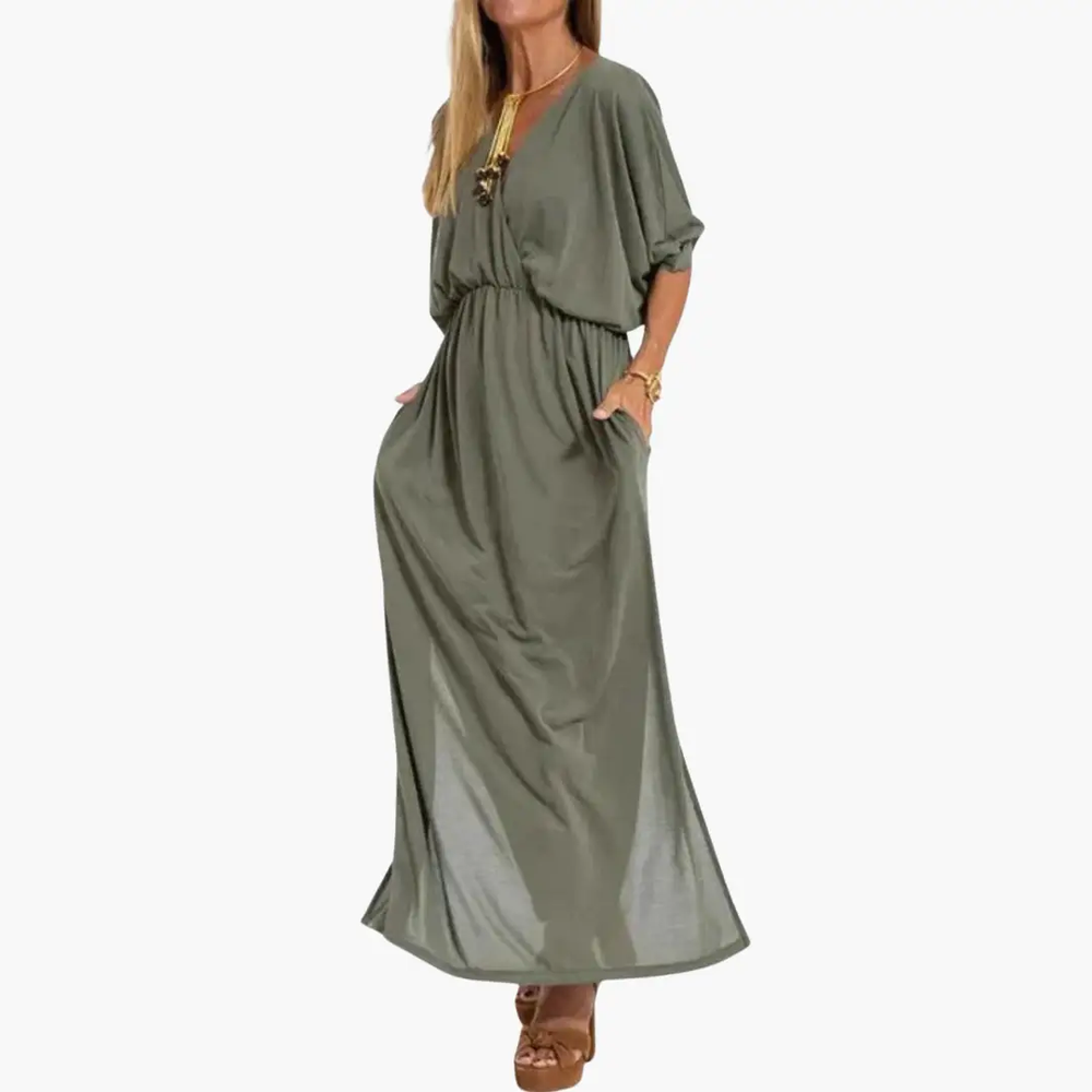 Women's Maxi Dress – V-Neck & 3/4 Sleeves