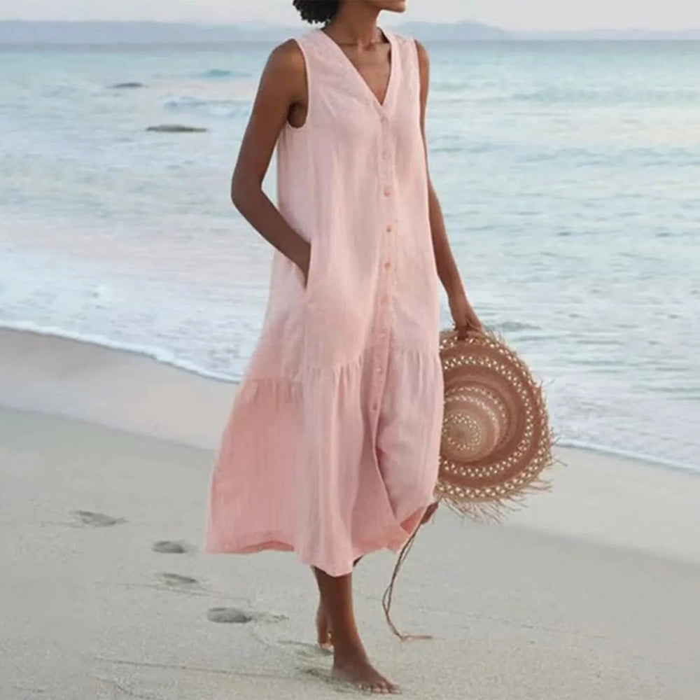 Elara – Stylish Linen Dress with V-Neck