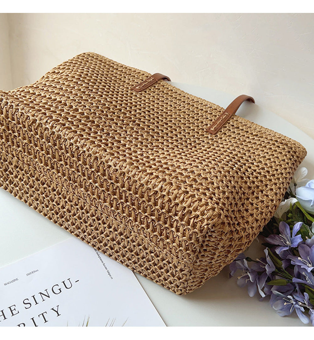 Woven Rattan Basket Bag – Leather Handles, 30×33cm & Women's Shopper Tote