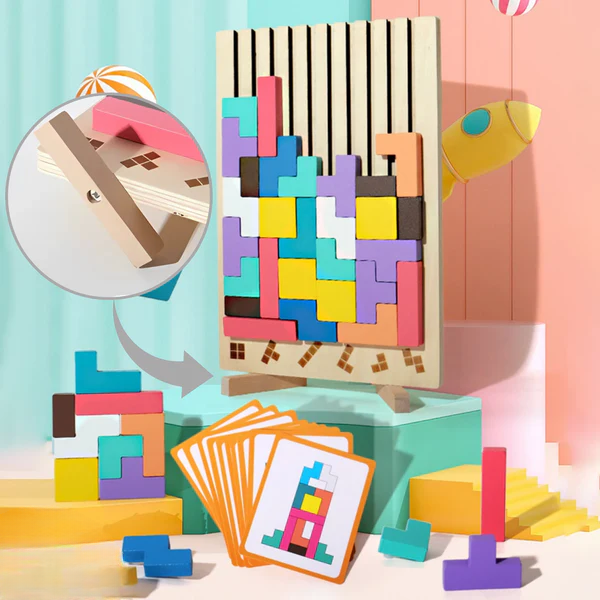 Holz-Tetris-Puzzle für Kinder ab 5 Jahren – Buntes, Kreatives Bauspiel zur Förderung von Motorik und Logik