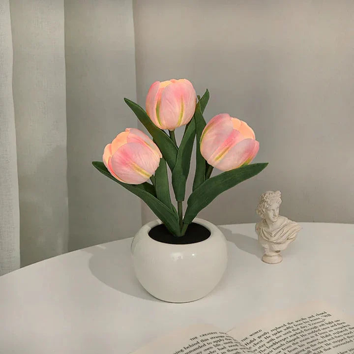Stilvolle Tulpen-LED-Tischlampe im Keramiktopf – Warmes Dekorlicht für Gemütliche Atmosphäre