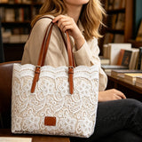 Women's Lace Handbag – Faux Leather Handles, Magnetic Closure, Spacious, 33×28cm