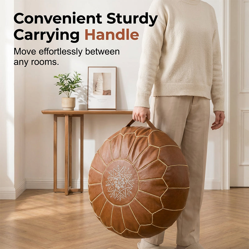 Moroccan Leather Storage Pouf – Faux Leather, Water-Resistant, 50×25cm Ottoman