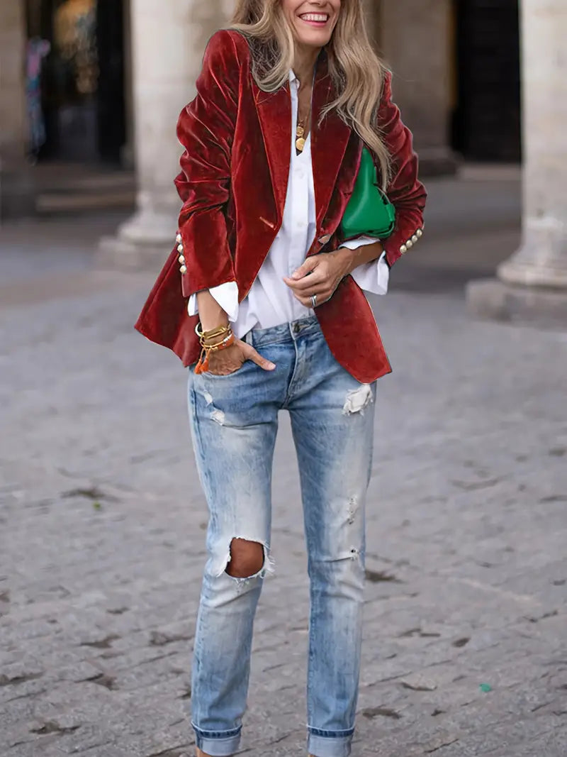 Enhanced Product Title: Julissa™ Elegant Velvet Blazer for Women - Stylish & Sophisticated Outerwear

This optimized title includes relevant keywords while maintaining clarity and appeal for potential buyers.