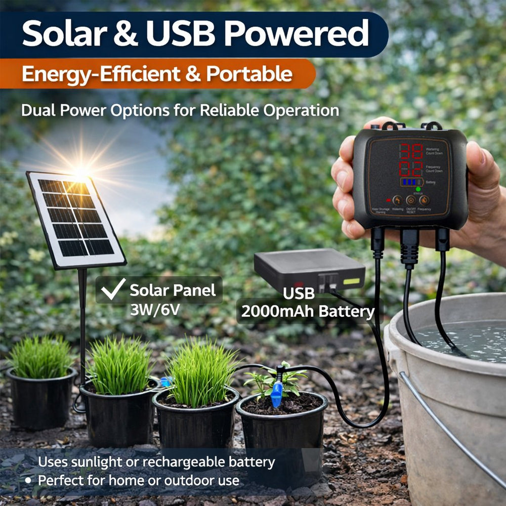 Solar Drip Irrigation System – 12 Plants, Digital Timer & USB Battery Backup