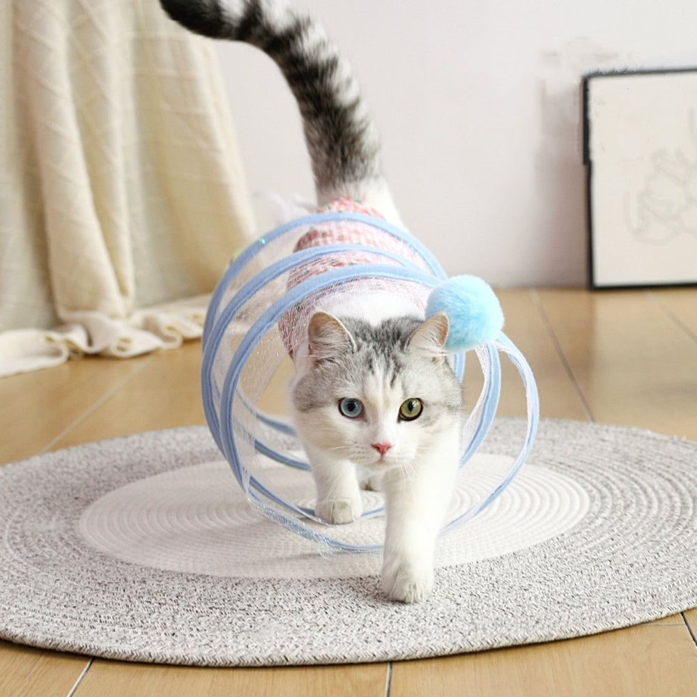 Cat Play Tunnel with Feathers & Balls – Collapsible Sisal, Interactive Hunting Toy