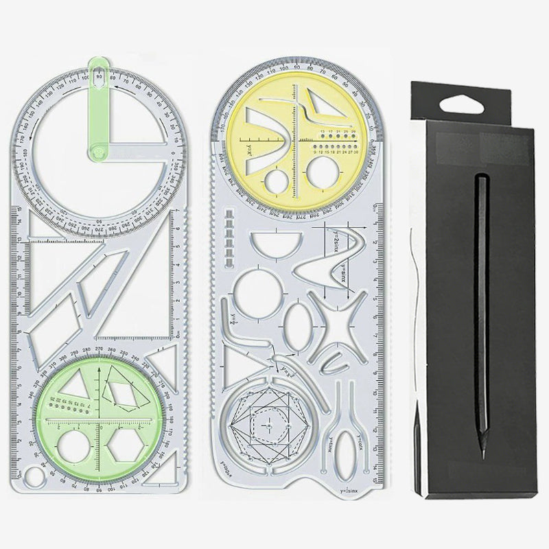 Geometry Ruler with Protractor – Transparent PP, Rotating Angle & Shape Stencils