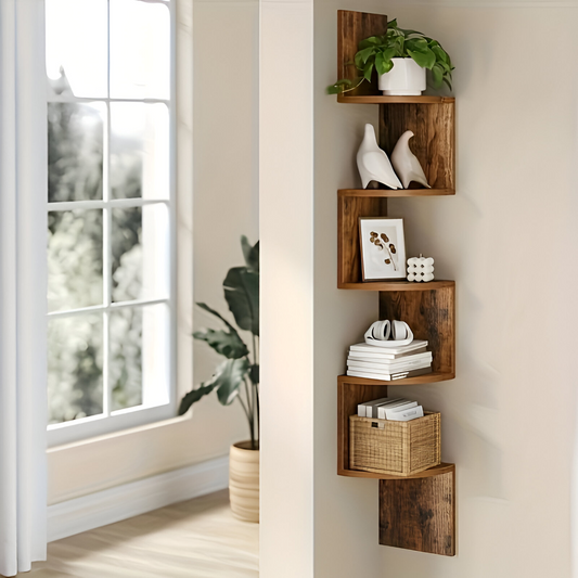 5-Tier Corner Wall Shelf – Rustic Wood, Zigzag Design & 126cm Tall