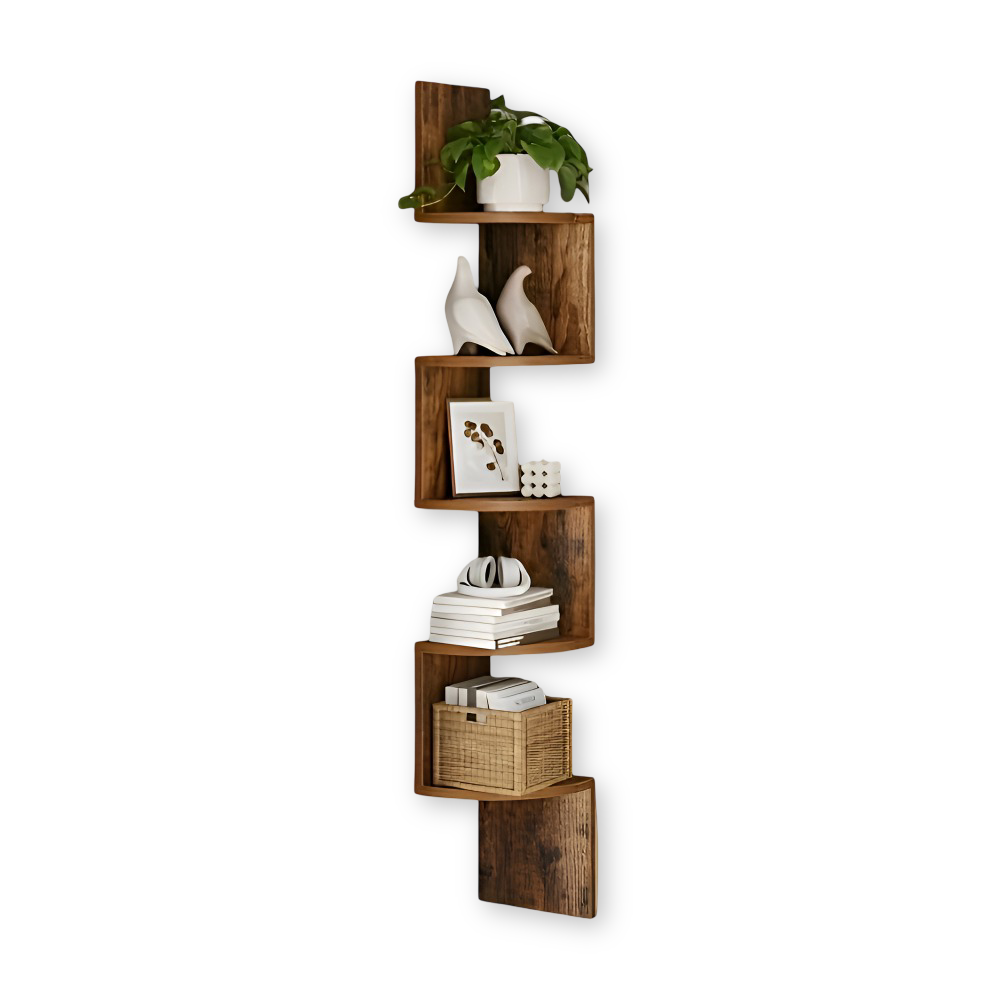 5-Tier Corner Wall Shelf – Rustic Wood, Zigzag Design & 126cm Tall