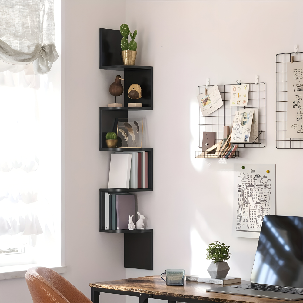 5-Tier Corner Wall Shelf – Rustic Wood, Zigzag Design & 126cm Tall