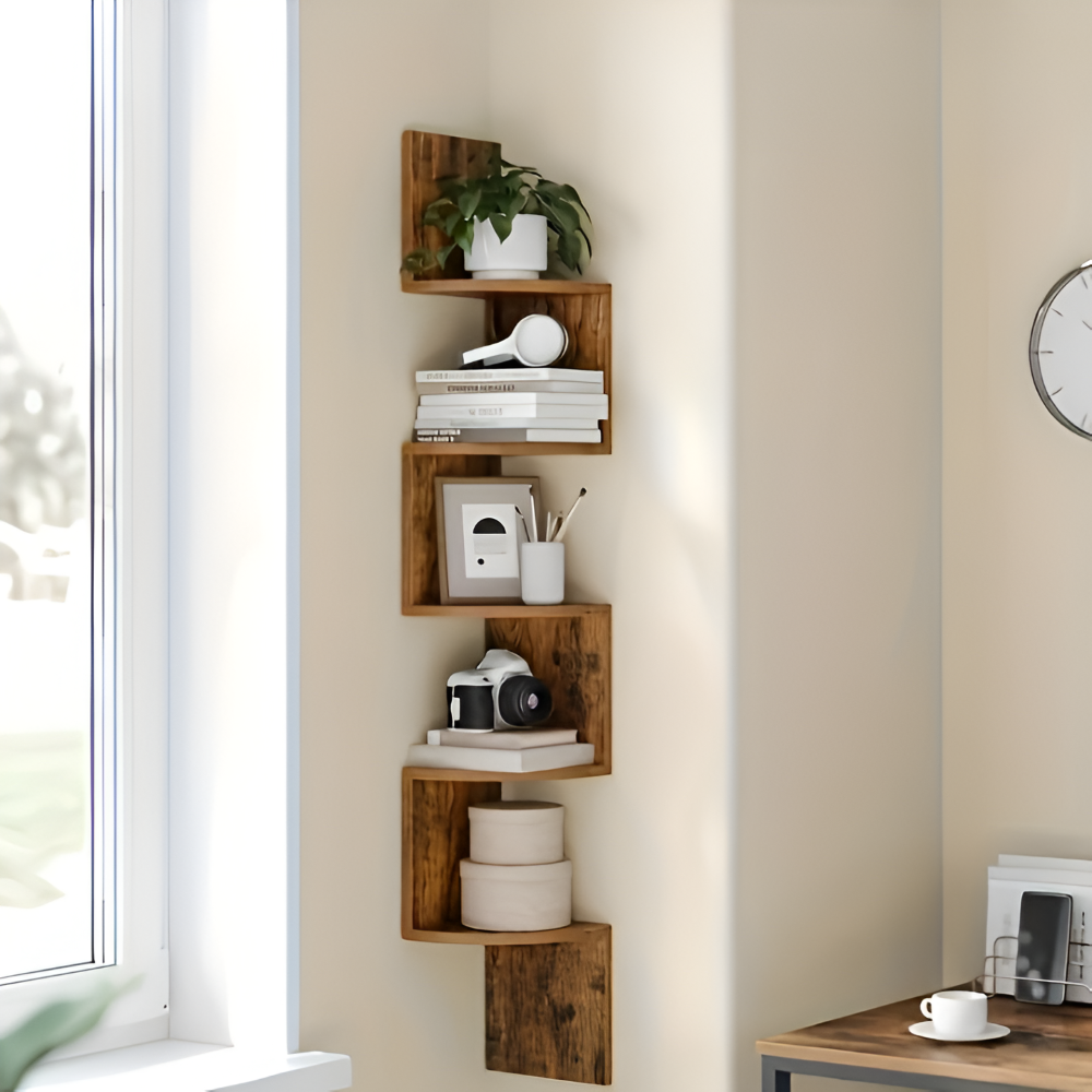 5-Tier Corner Wall Shelf – Rustic Wood, Zigzag Design & 126cm Tall