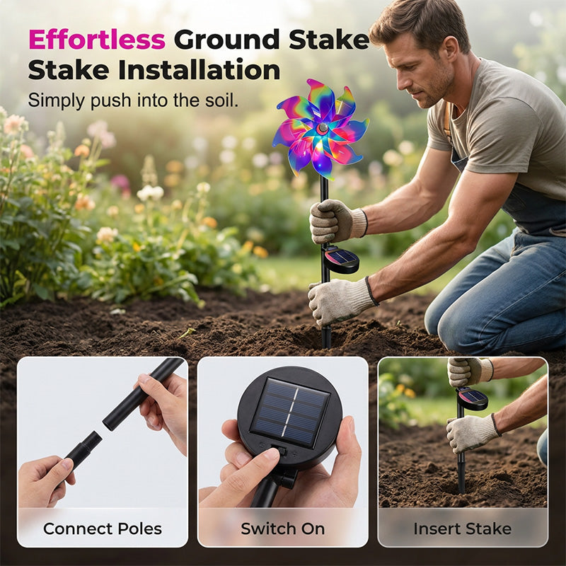 Solar Garden Wind Spinner – LED Lights, Weatherproof, 8-Hour Runtime, Ground Stake