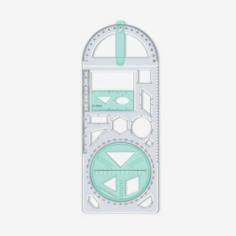 Geometry Ruler with Protractor – Transparent PP, Rotating Angle & Shape Stencils