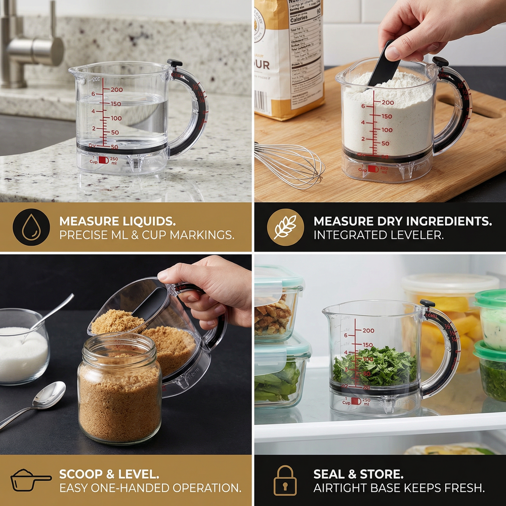 Adjustable Measuring Cup – Built-In Scraper, Non-Slip Base & Ergonomic Grip