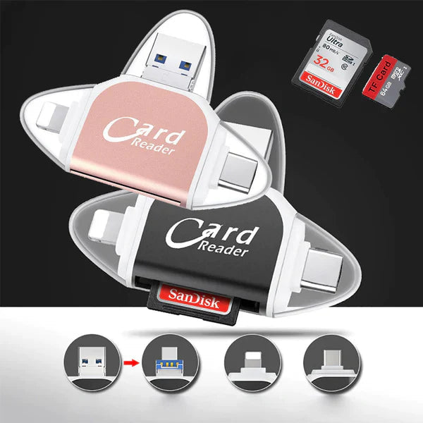 4-in-1 Memory Card Reader – USB, USB-C, Micro-USB & Lightning, SD & MicroSD