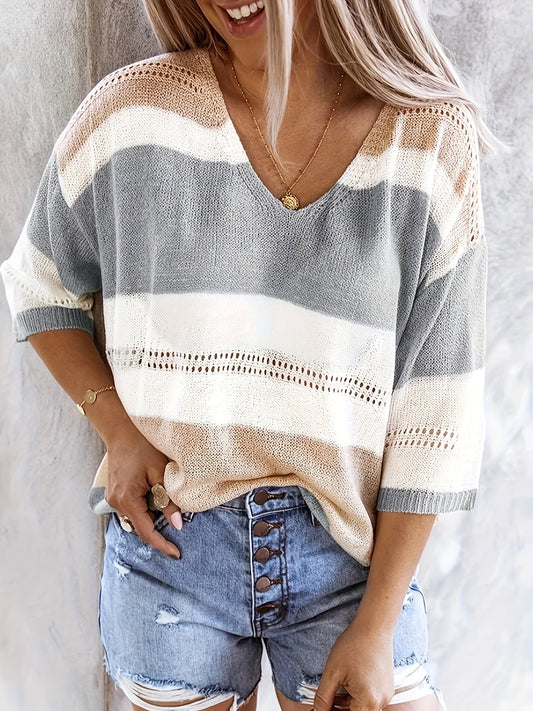 Women's Striped V-Neck Jumper