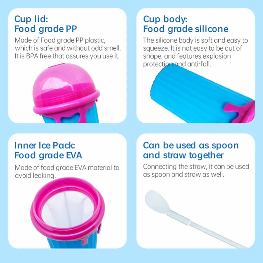 Slushy Maker Cup – Quick-Freeze Squeeze Cup, Leak-Proof Lid & 2-in-1 Straw Spoon
