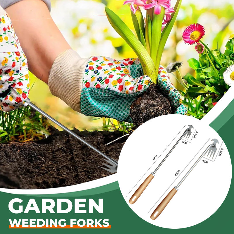 Stainless Steel Weeding Fork – Ergonomic Wooden Handle, 3-Prong & 40/50cm Lengths