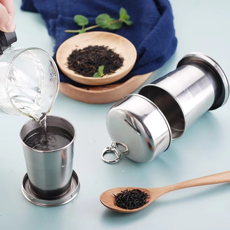 Collapsible Stainless Steel Cup – 150ml, Set of 3, Leak-Proof with Carabiner