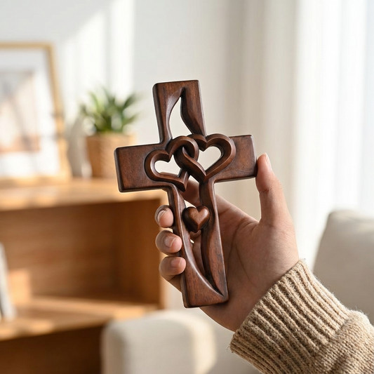 Wooden Cross Wall Decor – Intertwined Hearts, Rustic Wall Art & Romantic Home Accent