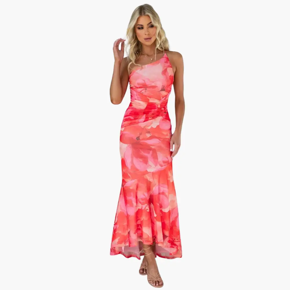 Women's Floral Maxi Dress – One-Shoulder, Asymmetrical Hem & Lightweight Fabric