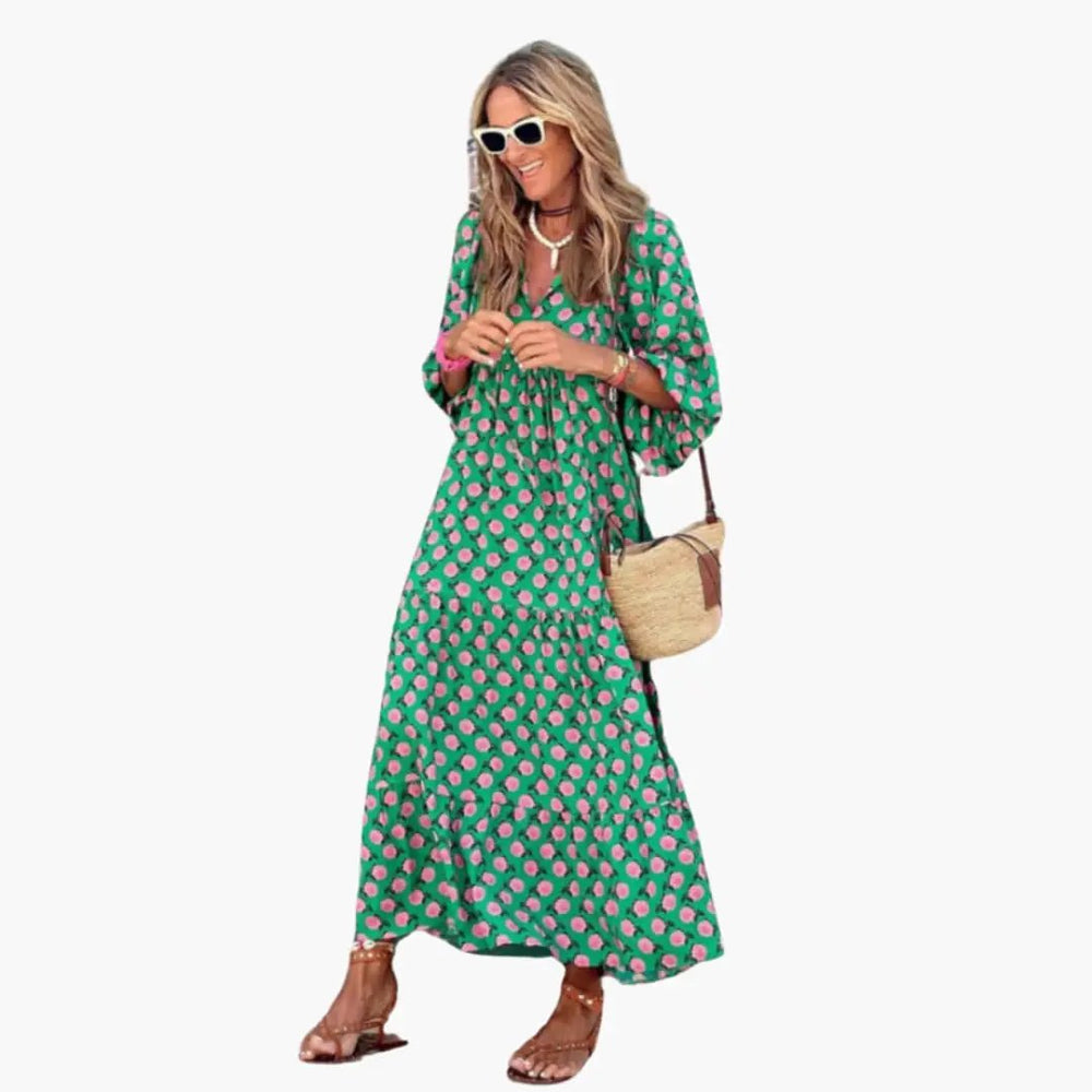 Women's Boho Maxi Dress – Floral Pattern, Wrap Design & Loose Fit