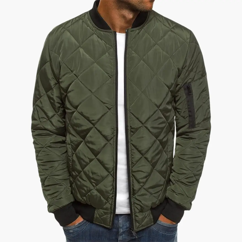 Men's Quilted Bomber Jacket – Zip Front, Arm Pocket & Ribbed Hem