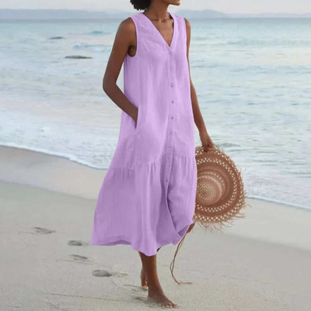 Elara – Stylish Linen Dress with V-Neck
