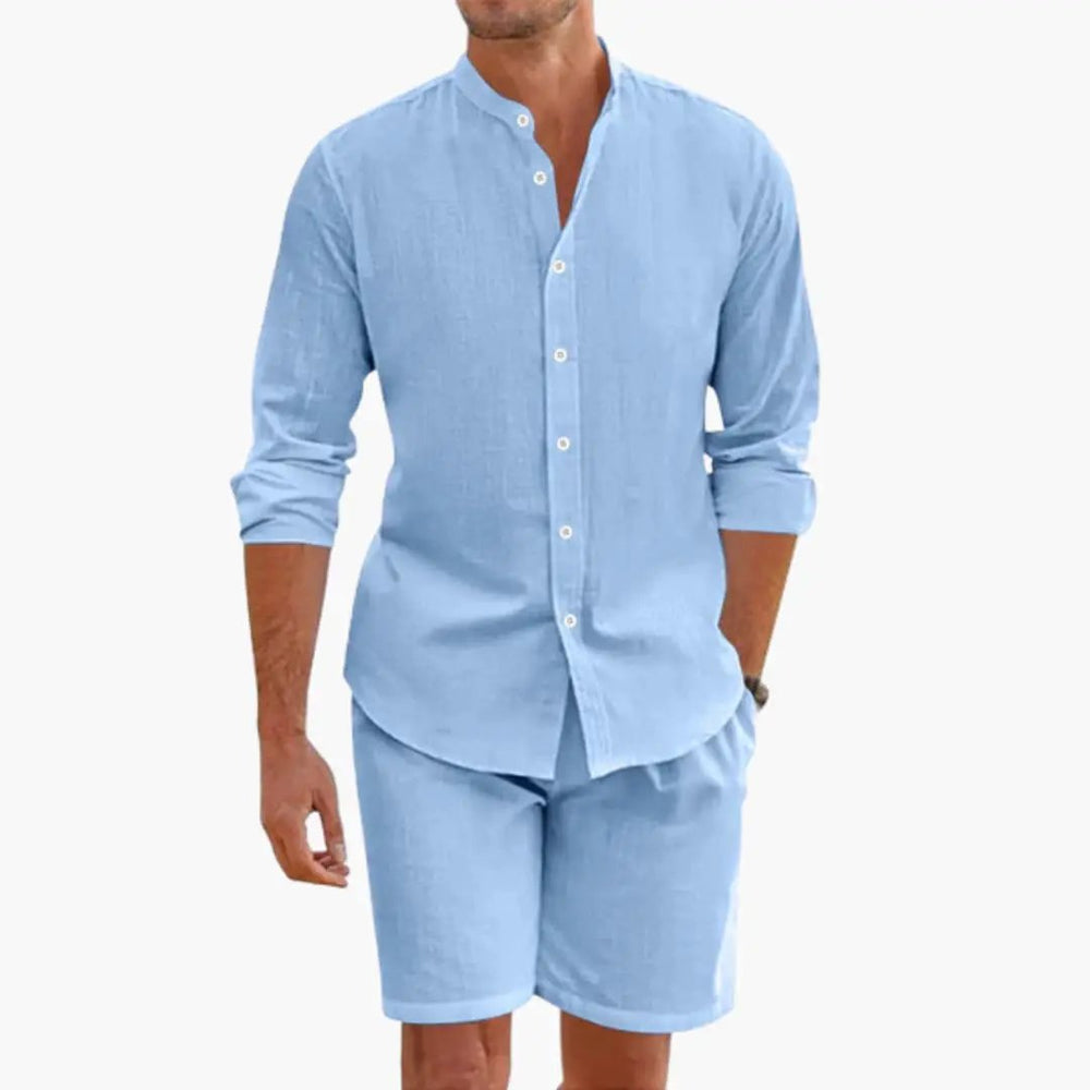 Men's Linen Blend Two-Piece Set – Long Sleeve Shirt & Shorts