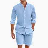 Men's Linen Blend Two-Piece Set – Long Sleeve Shirt & Shorts