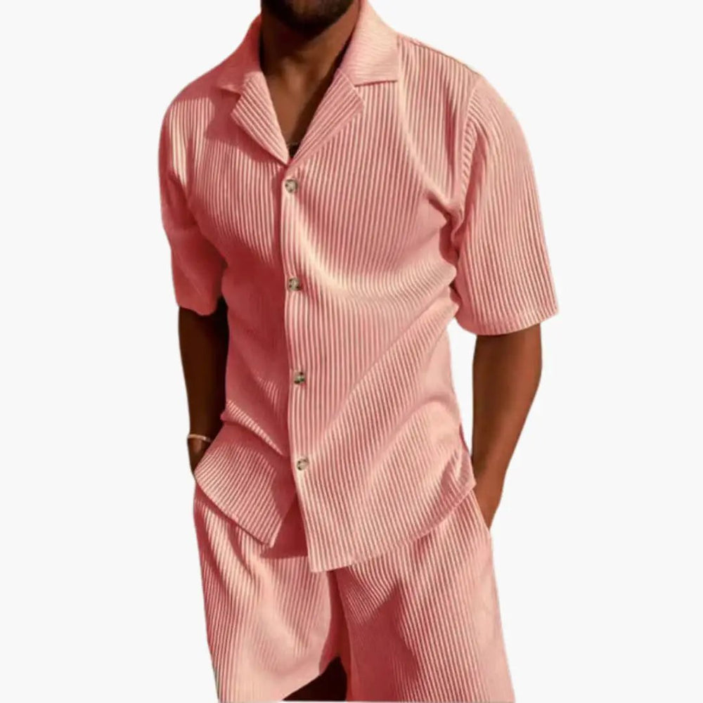 Men's Two-Piece Summer Set – Textured Fabric, Short Sleeve Shirt & Shorts