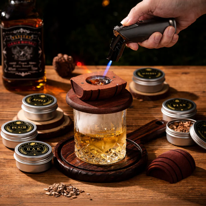 Cocktail Smoker Kit – Whiskey Barrel Design, Solid Wood & Stainless Steel Bowl