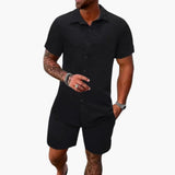 Men's Jacquard Shirt Set – Cotton Blend, Short Sleeve & Matching Shorts