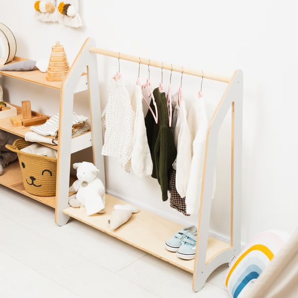 Montessori Toddler Furniture - Natural Wood Clothing Rack for Nursery | Stylish & Functional Kids Clothes Organizer | Perfect Christmas Gift