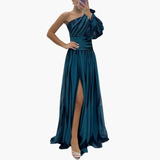 Women's Striped Maxi Dress – One-Shoulder Design, Side Slit & Elegant Fit