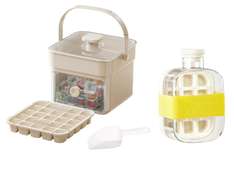 Push-Button Ice Cube Tray – BPA-Free PET/PP, Storage Bin & Ice Scoop