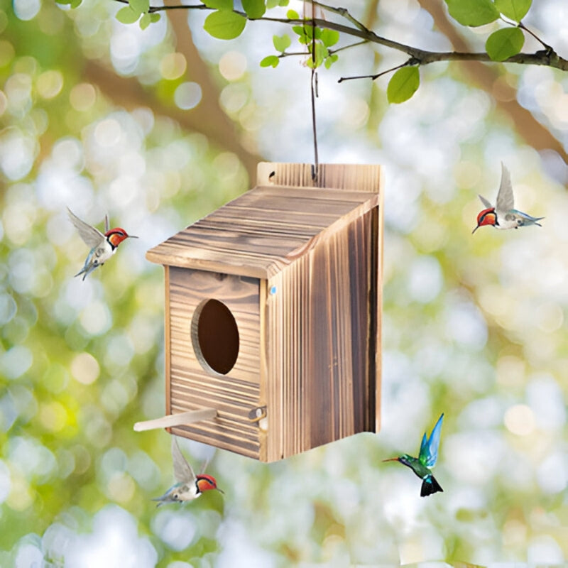 Natural Wood Birdhouse – 20×20×20cm, Hanging or Freestanding, Garden Decor