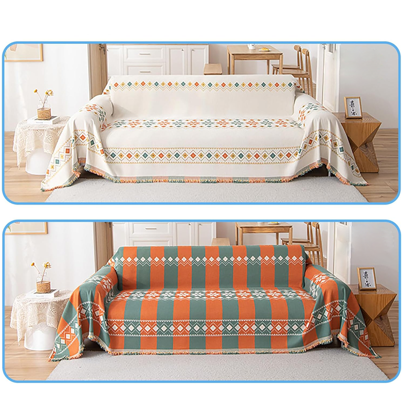 Chenille Sofa Throw – Reversible Geometric Fringe, Machine-Washable & 180×130–300cm