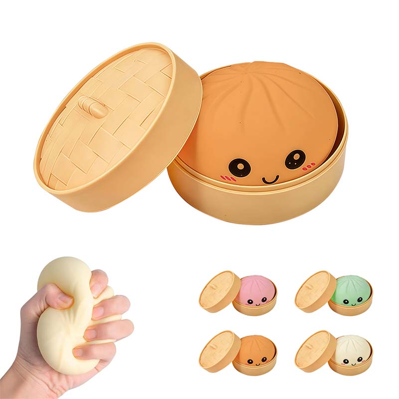 Baozi Dumpling Squeeze Toy – Soft Squishy, Steamer Basket Case & 10 Colors