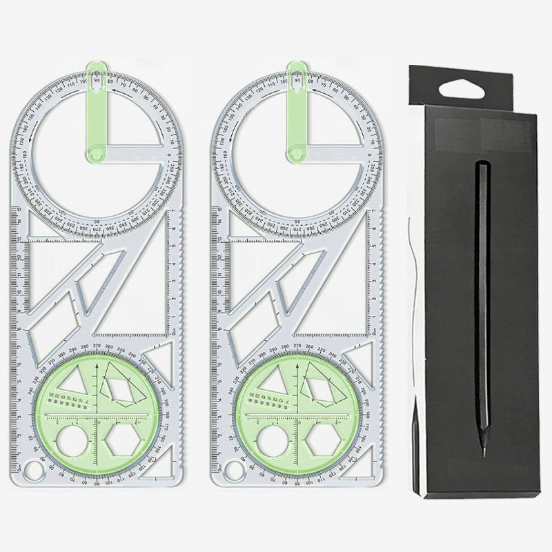 Geometry Ruler with Protractor – Transparent PP, Rotating Angle & Shape Stencils