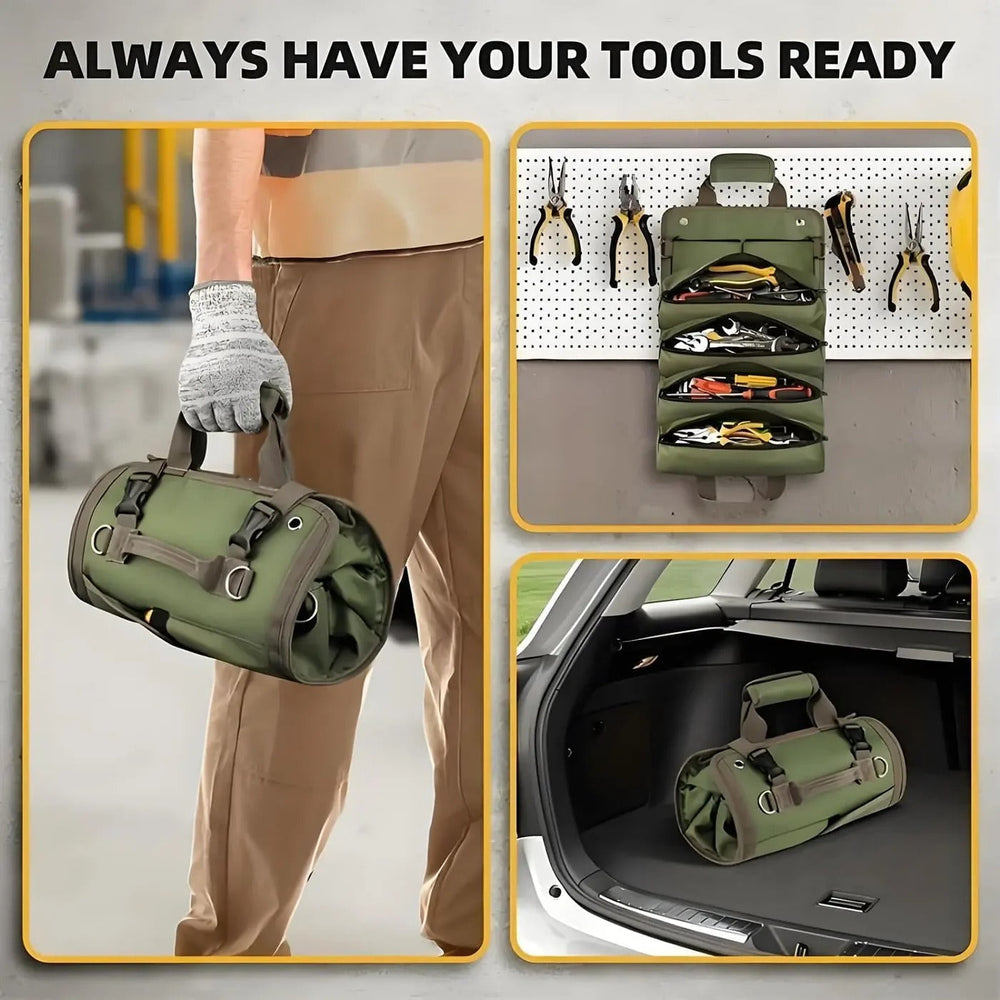 Roll-Up Tool Bag – Multiple Pockets, Removable Trays & Carry Handle